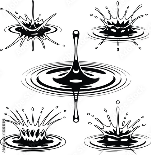 Black and white water splash illustration, creative ripple and droplet design, abstract liquid art for modern background