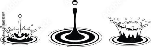Black and white water splash illustration, creative liquid ripple design, abstract drop art for nature background concept
