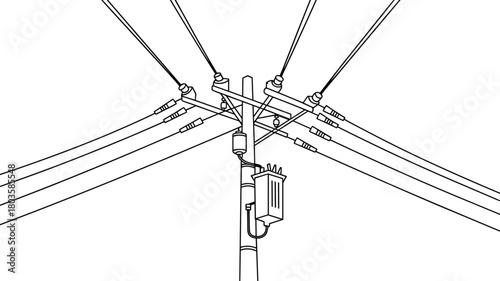 Detailed line drawing of electric utility pole with transformer and power cables, electrical distribution system illustration, energy infrastructure concept, engineering diagram
