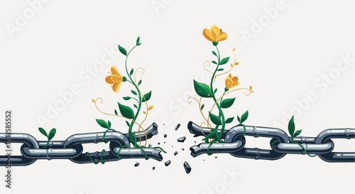 Broken chain with flowers growing through cracks on a white background  