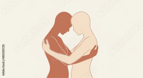 Two abstract figures embracing with gentle expressions on neutral background  