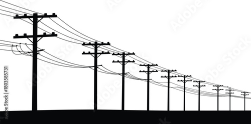 Electric power poles lined along rural landscape, black and white silhouette of telephone wires with clear sky, minimal