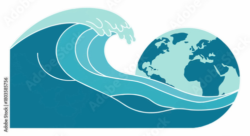 Ocean wave embracing the Earth in abstract minimalist style  