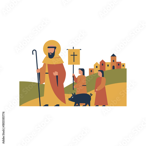 Shepherd holding staff and guiding children with pig in landscape  