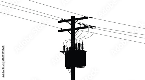 Electric utility pole with power transformer silhouette, energy distribution system for city electricity transmission and infrastructure