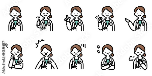 手描きイラスト：様々な表情の女性医師