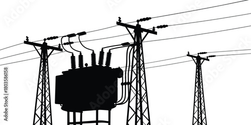 High voltage electric power transformer and transmission towers silhouette, industrial electricity distribution network, energy infrastructure background