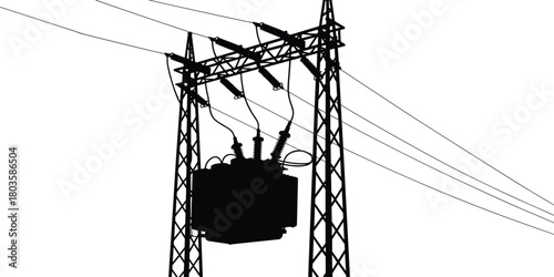 High voltage electrical transformer station, power distribution tower silhouette with cables, energy transmission industrial structure illustration