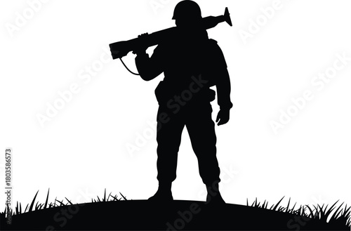 Silhouette vector illustration of a soldier standing with a rocket launcher on shoulder, military man in combat uniform, war and defense concept design.