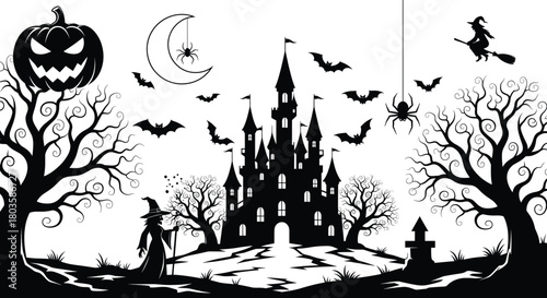 Spooky Halloween haunted castle landscape with witch, bats, pumpkins, creepy trees, spiders and moon, horror night fantasy vector illustration for holiday design and decorations