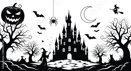 Spooky Halloween haunted castle scene with witch, bats, pumpkins, creepy trees, spider and moon, dark fantasy horror night vector illustration for holiday design