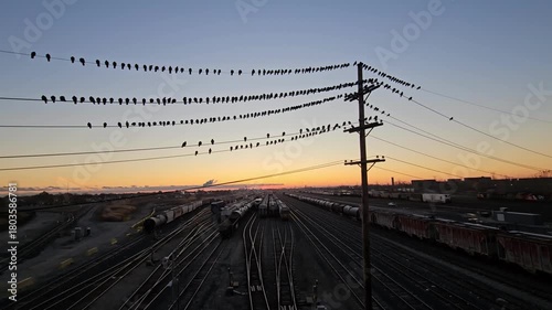 Railway at Sunrise with Pigeons on Electric Lines