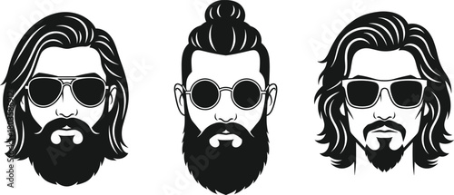 Trendy bearded hipster men with sunglasses vector illustration, modern male hairstyle collection, stylish masculine fashion icons, barbershop logo concept, retro vintage grooming design