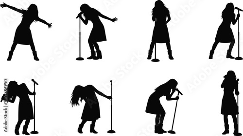 Female singer silhouettes performing various dynamic stage poses, microphone stand illustration, expressive music performance artwork, energetic concert collection