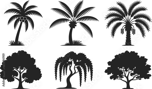 Tropical palm tree and deciduous tree silhouette vector set, botanical nature illustration collection for landscape design, environment projects, summer themes, and eco-friendly graphic elements