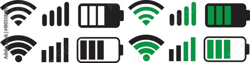 wifi, Signal strength and battery icon. Battery, WiFi, and mobile network icon vector. connectivity improvements and power status rising symbol. Collection of icons representing battery level, signal 