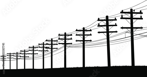 Row of electric power poles with connected transmission wires, black and white silhouette on clear rural background