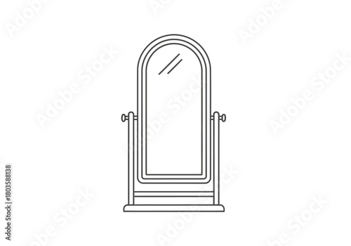 Outline drawing of a freestanding arched floor mirror on a stand