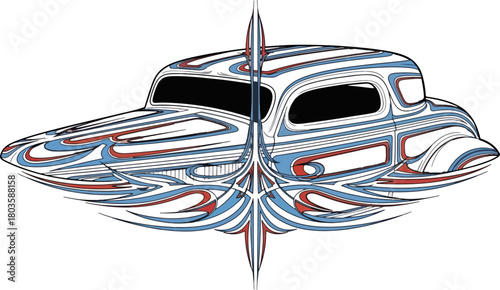 Classic car artwork with decorative wing design