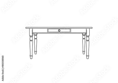 Outline drawing of a rectangular table with one drawer and turned legs
