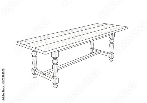 A black and white line drawing of a rectangular wooden farmhouse table