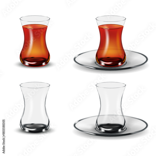 Realistic Turkish tea glass 3d vector mockup isolated on white background, set of traditional eastern glasses empty transparent and filled tea with saucers.