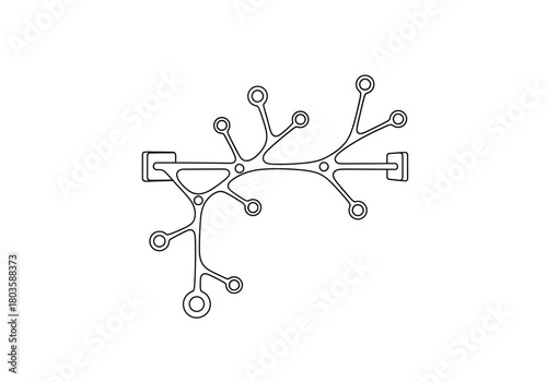 Black and white line drawing of a branched structure with terminal circles and end connectors