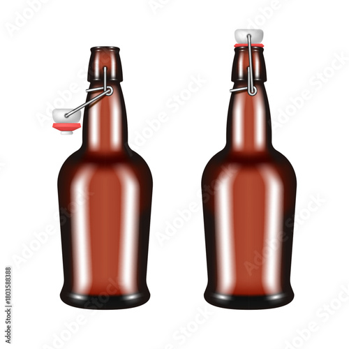 Realistic brown beer bottle with swing top front view isolated on white, open and closed version, 3d vector mockup for alcohol brewery beverage presentation or drink packaging template.