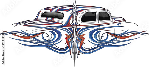 Classic car illustration with swirl design and decorative elements