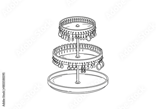 Threetiered rotating jewelry stand line drawing holding earrings