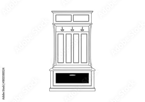 Black and white line drawing of a hall tree with storage compartments and coat hooks