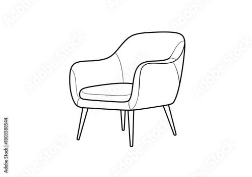 Black and white line drawing of a modern upholstered armchair with four tapered legs