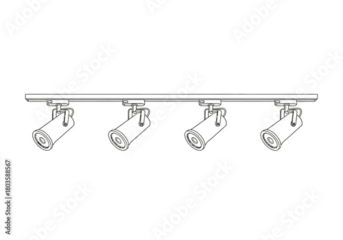 Black and white line drawing of a fourlight track lighting fixture