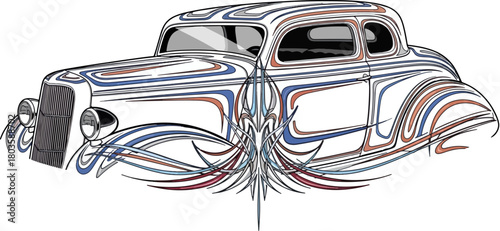 Classic car illustration with swirls and stripes