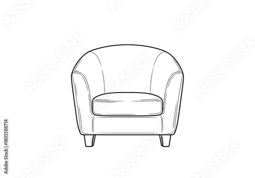 Black and white line drawing of a rounded club armchair viewed from the front