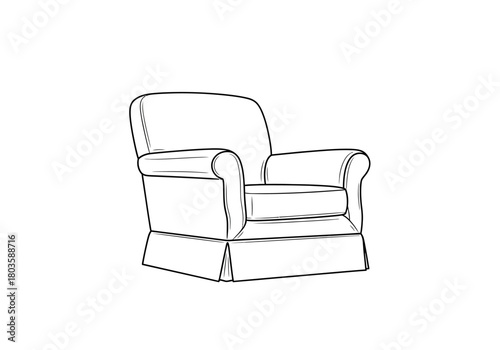 Black and white line drawing of a skirted armchair with rolled arms