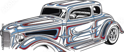 Classic car illustration with unique abstract design and metallic finish
