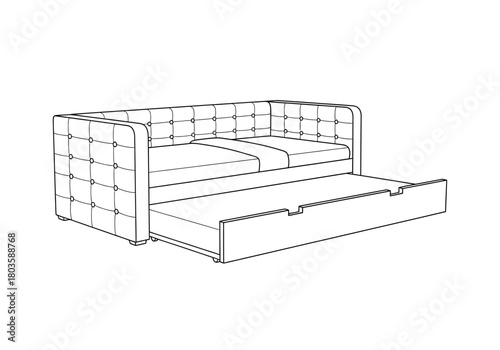 Black and white line drawing of a tufted daybed with a pullout trundle underneath