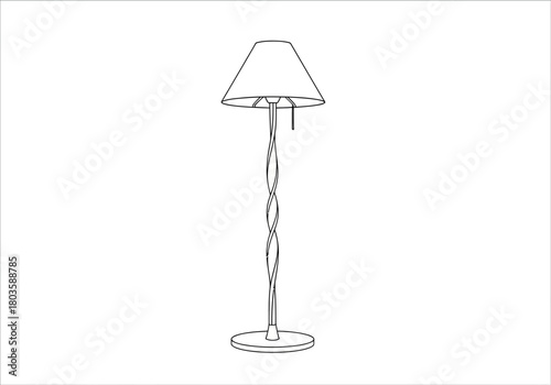 Black and white line drawing of a twistedstem floor lamp with a conical shade