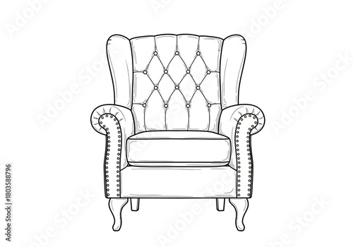 Black and white line drawing of a tufted wingback armchair with nailhead trim
