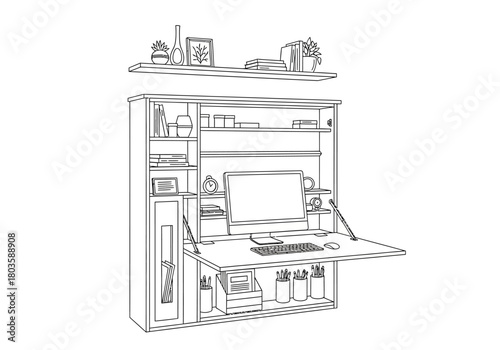 Black and white line drawing of a wallmounted folding deskcabinet unit