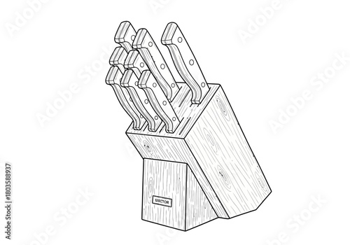 Black and white line drawing of a wooden knife block holding several knives
