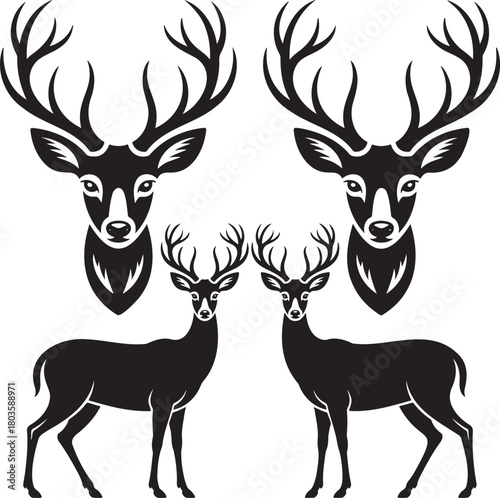 Stylized Deer Silhouettes with Antlers – Vector Set of Wildlife Icons 