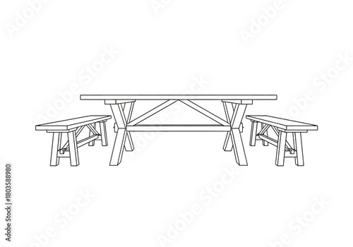 Black and white line drawing of a wooden trestle dining table with two matching benches