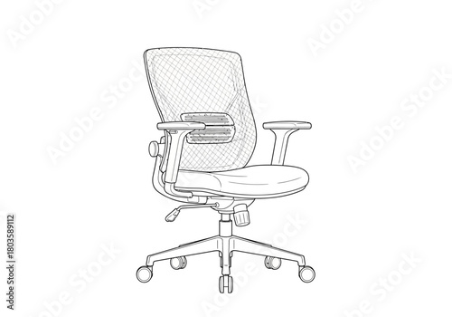 Black and white line drawing of an ergonomic office chair with mesh back