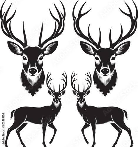 Stylized Deer Silhouettes with Antlers – Vector Set of Wildlife Icons 