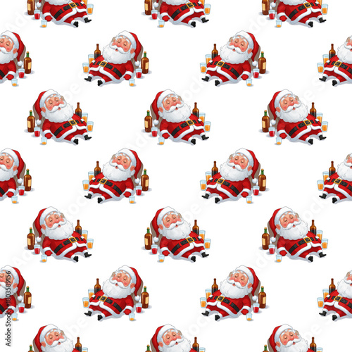 Seamless pattern of a funny drunk Santa Claus with bottles and glasses of alcohol on a clean white background.