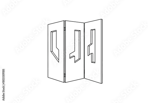 Black and white line drawing of three hinged panels with cutout shapes