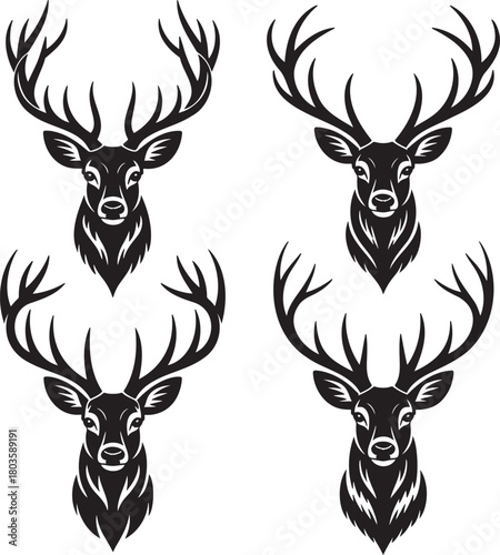 Stylized Deer Silhouettes with Antlers – Vector Set of Wildlife Icons 