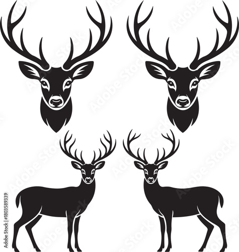 Stylized Deer Silhouettes with Antlers – Vector Set of Wildlife Icons 